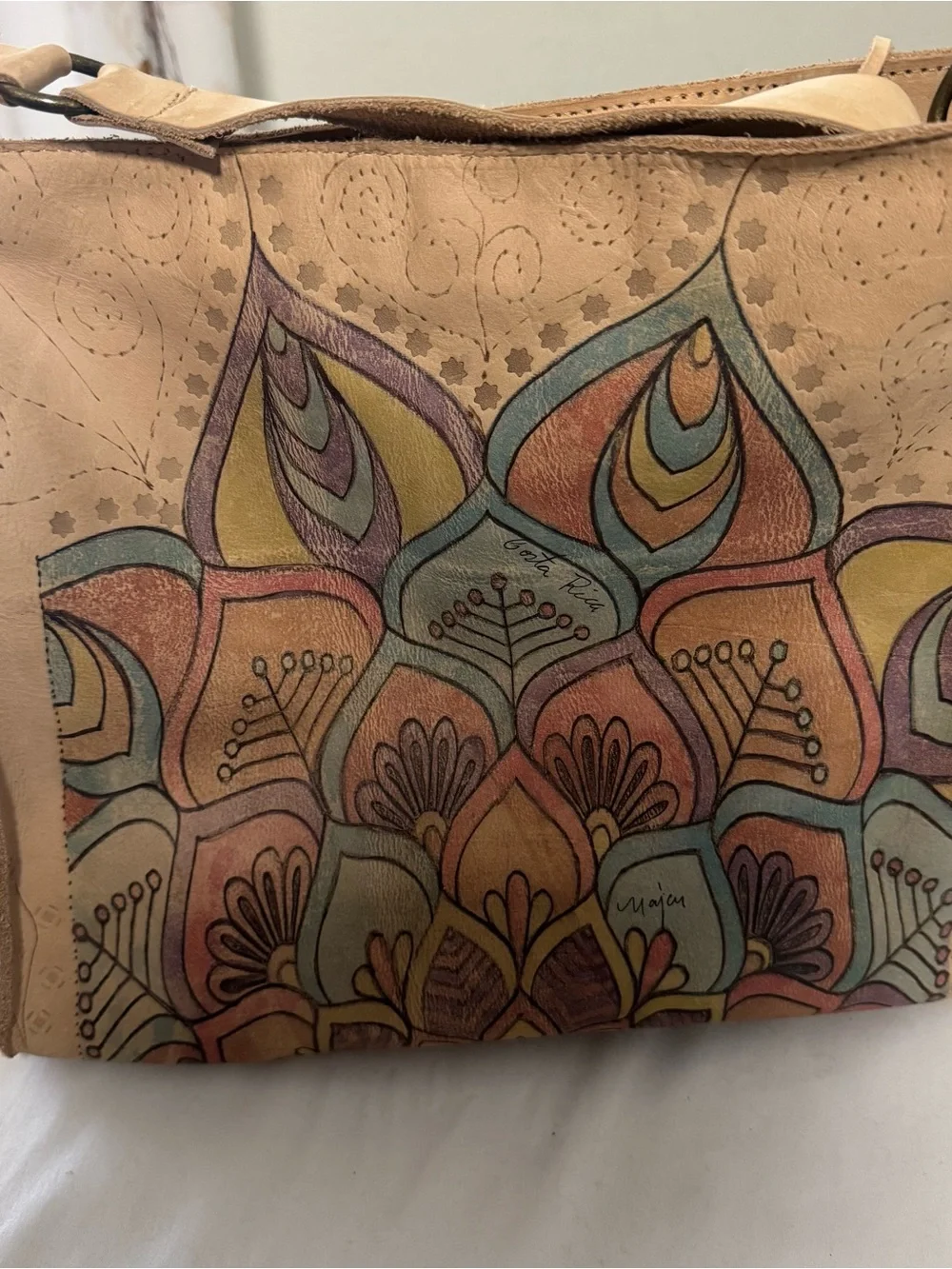 Tan Floral Mandala Print One Side Shoulder Bag with Multicolor Print Boho Costa